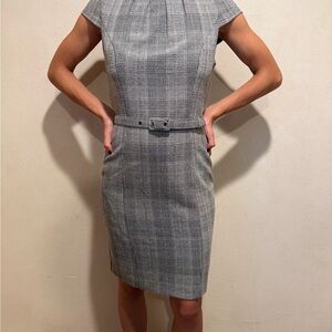 H&M Gray Checkered Midi Belted Business Dress